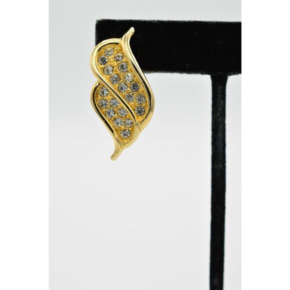 Vintage Leaf Earrings Shiny Pave Rhinestone Crystal Gold Dangle 1980s 9C - Picture 6 of 7